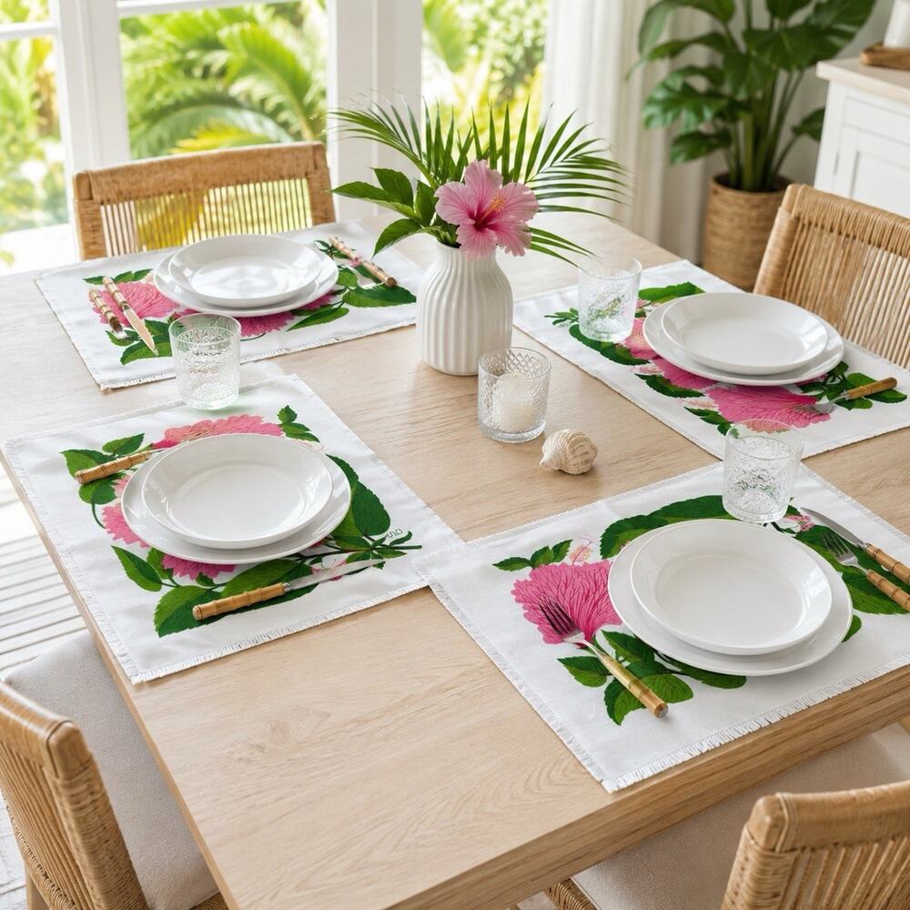 Vintage California Hand Prints Hibiscus Pink Floral Linen Placemats Set of 4